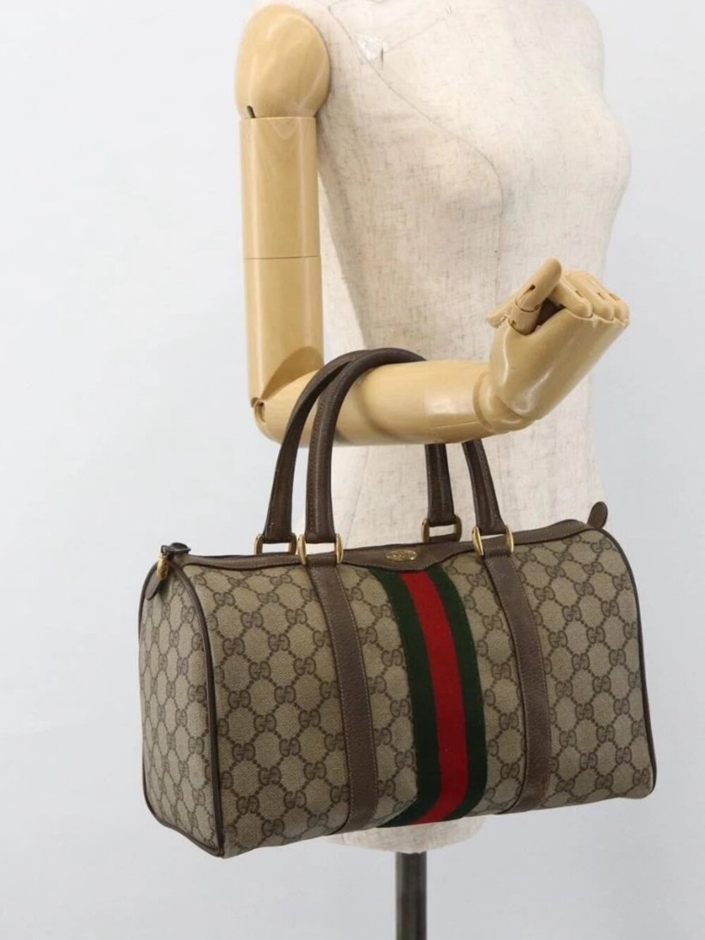 GUCCI GG Supreme Web Sherry Line Boston Bag PVC Beige Gold 58 02 007 Auth LNZ480